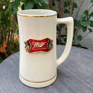 Miller High Life Beer Stein Tall Glass Mug Cup with Gold Emblem and Rim Lines